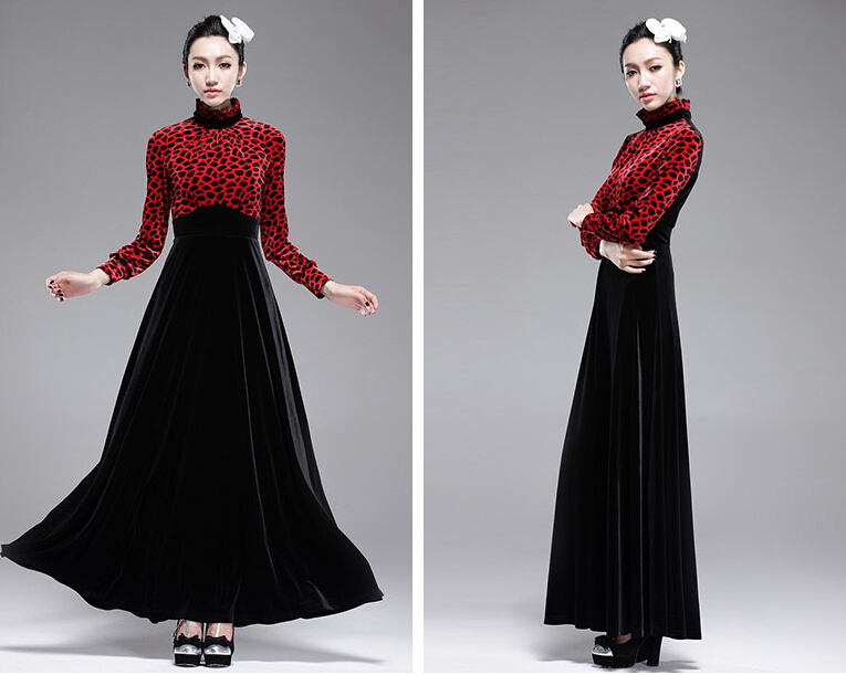 Funky Dresses Winter Ladies Leopard Print Velvet Long Plus Size - Black Red