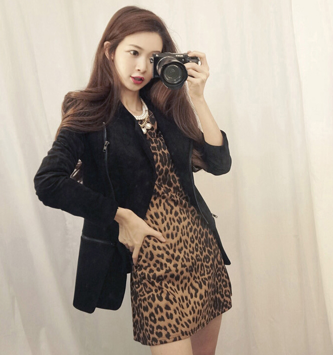 Funky Dresses Women Winter Leopard Print Knee Length Sexy Glamorous - Brown