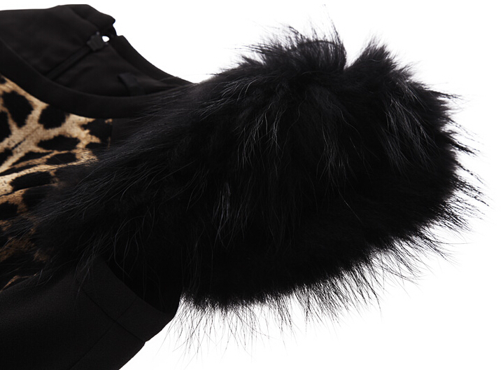 High Quality Dresses Ladies Leopard Print Knee Length Fur Elegant - Black