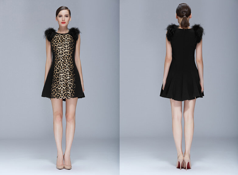 High Quality Dresses Ladies Leopard Print Knee Length Fur Elegant - Black