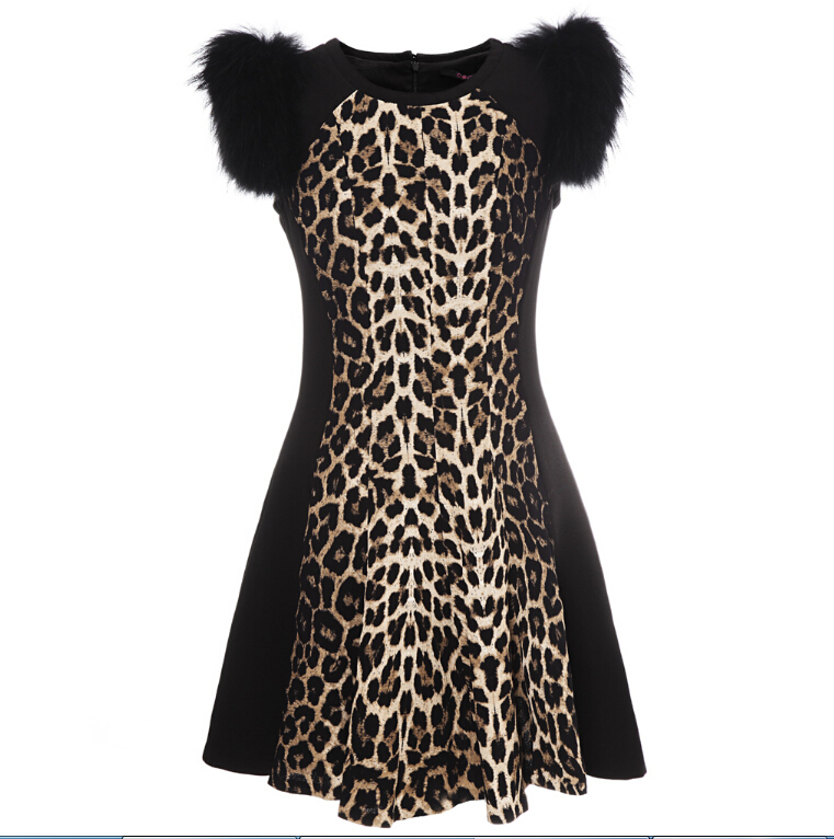 High Quality Dresses Ladies Leopard Print Knee Length Fur Elegant - Black