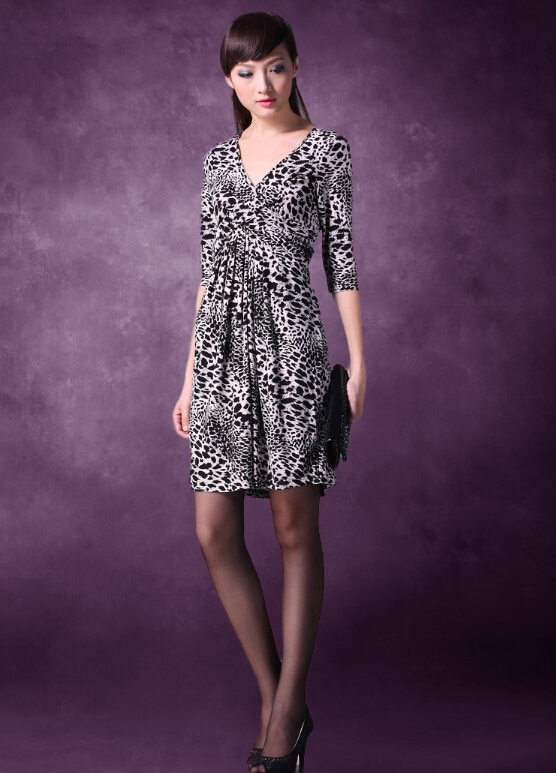 Mature Dresses Spring Women Knee Length Fifth Sleeve Leopard Print - Grey