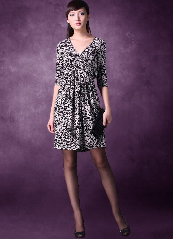 Mature Dresses Spring Women Knee Length Fifth Sleeve Leopard Print - Grey