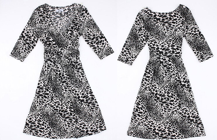 Mature Dresses Spring Women Knee Length Fifth Sleeve Leopard Print - Grey