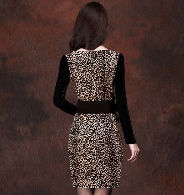 Mature Dresses Spring Women Knee Length Velvet Leopard Print Plus Size - Brown