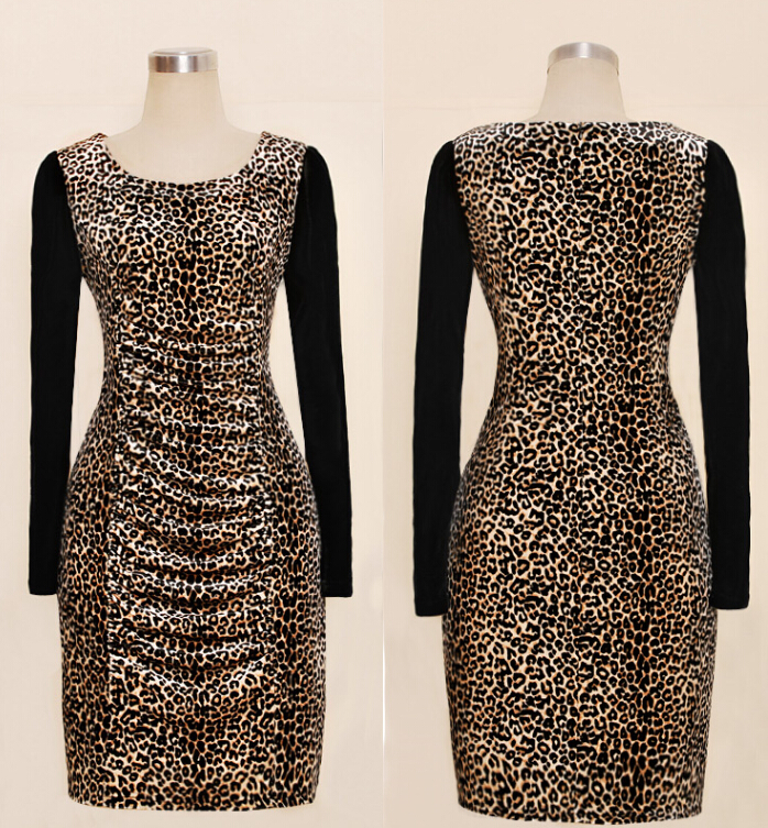 Mature Dresses Spring Women Knee Length Velvet Leopard Print Plus Size - Brown