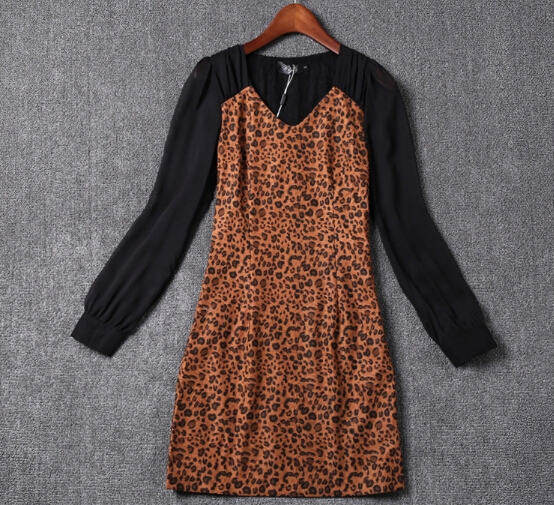 Sexy Dresses Fall Female Printed Long Sleeve Leopard Print Short Plus Size - Brown