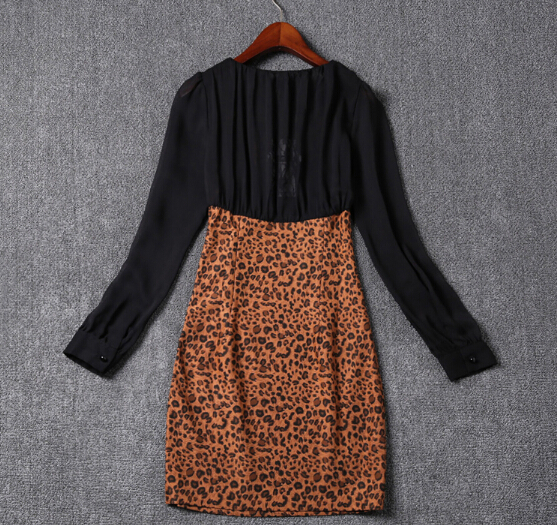 Sexy Dresses Fall Female Printed Long Sleeve Leopard Print Short Plus Size - Brown