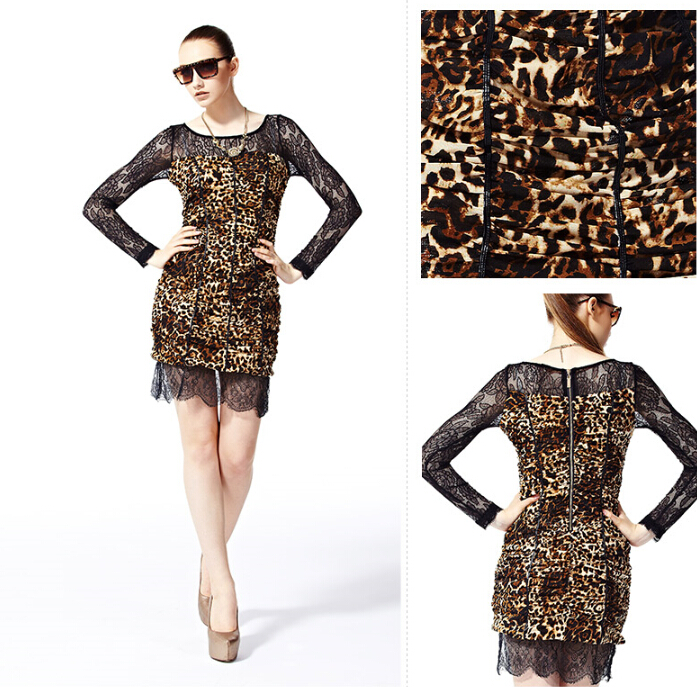 Sexy Dresses Fall Short Ladies Leopard Print Printed Lace - Brown