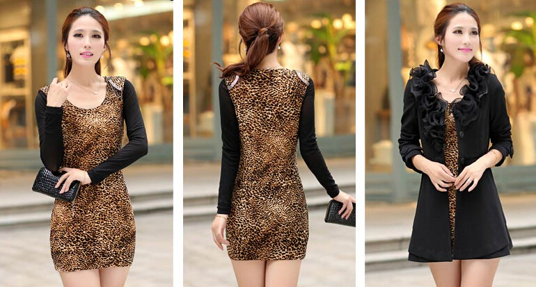 Sexy Dresses Fall Women Printed Long Sleeve Leopard Print Short - Coffee