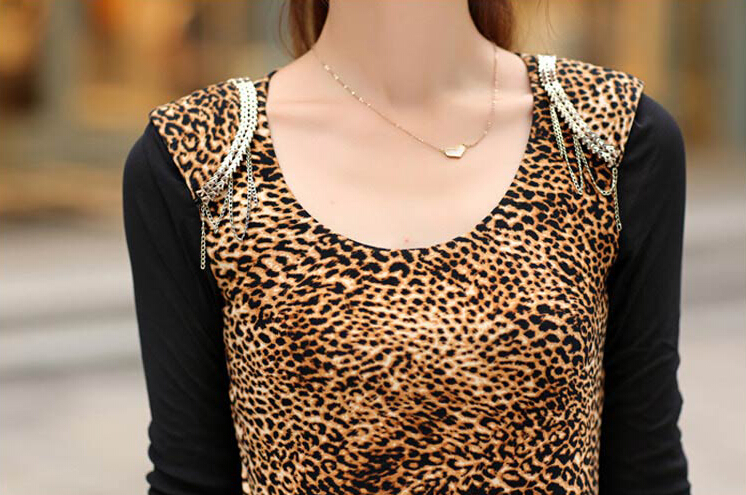 Sexy Dresses Fall Women Printed Long Sleeve Leopard Print Short - Coffee