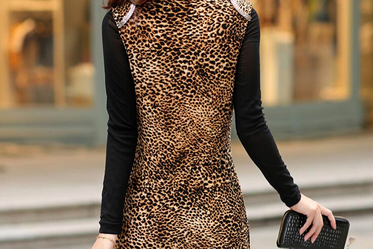 Sexy Dresses Fall Women Printed Long Sleeve Leopard Print Short - Coffee