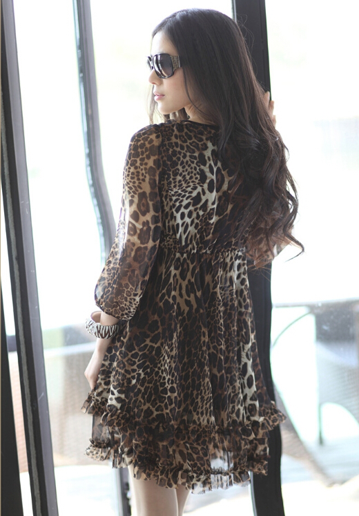 Sexy Dresses Leopard Print Women Long Sleeve Ruffle Sexy Plus Size - Brown