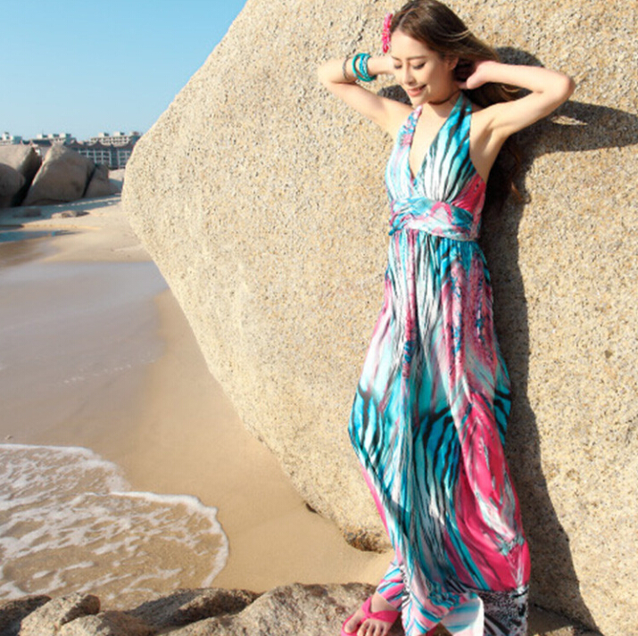 Sexy Dresses Summer Girls Backless Printed Leopard Print Floor Length Bohemian - Pink