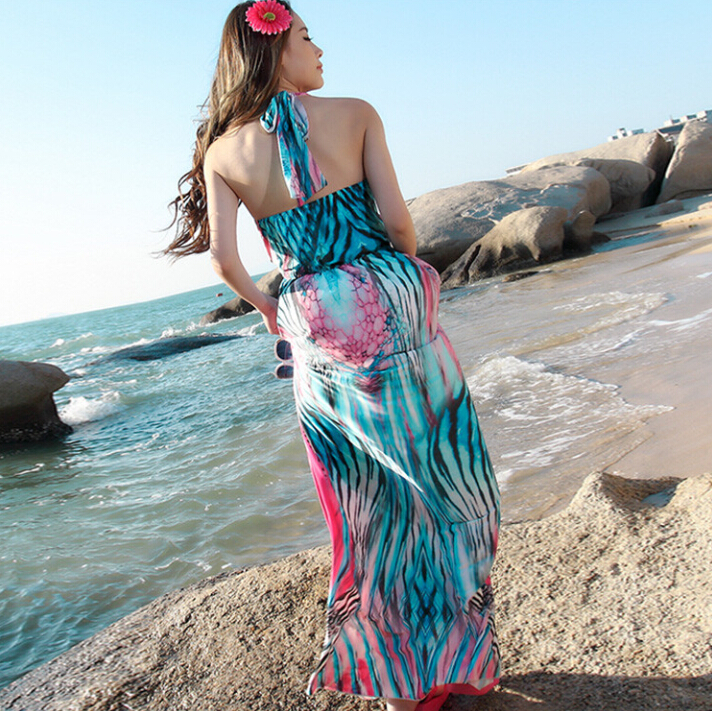 Sexy Dresses Summer Girls Backless Printed Leopard Print Floor Length Bohemian - Pink
