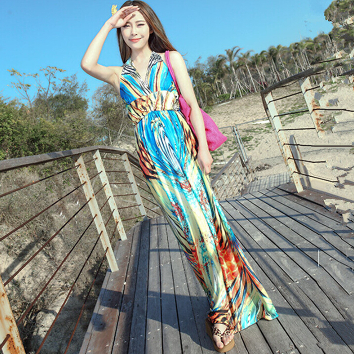 Sexy Dresses Summer Girls Backless Printed Leopard Print Floor Length Bohemian - Yellow
