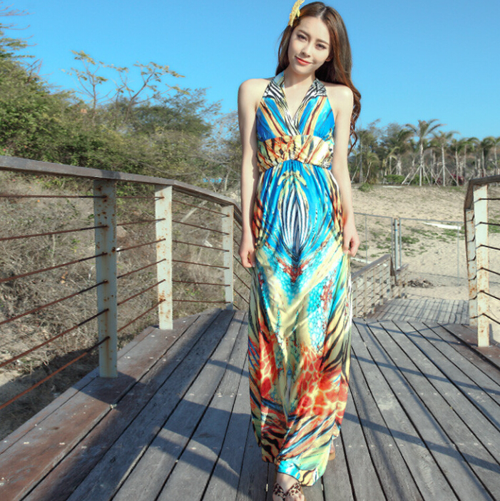 Sexy Dresses Summer Girls Backless Printed Leopard Print Floor Length Bohemian - Yellow