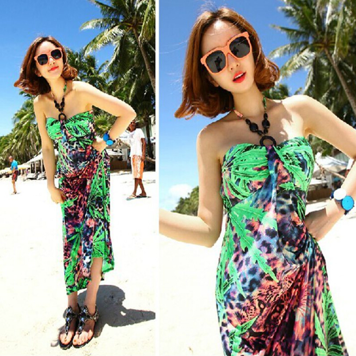 Sexy Dresses Summer Girls Strapless Printed Leopard Print Floor Length - Green