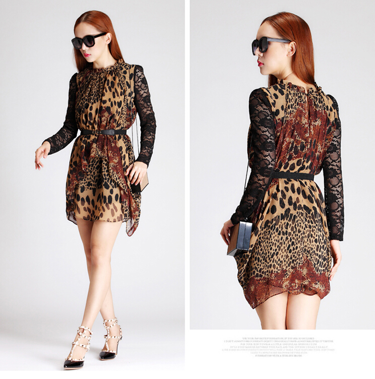 Sexy Dresses Summer Ladies Leopard Print Long Sleeved Ruffle Chiffon - Coffee