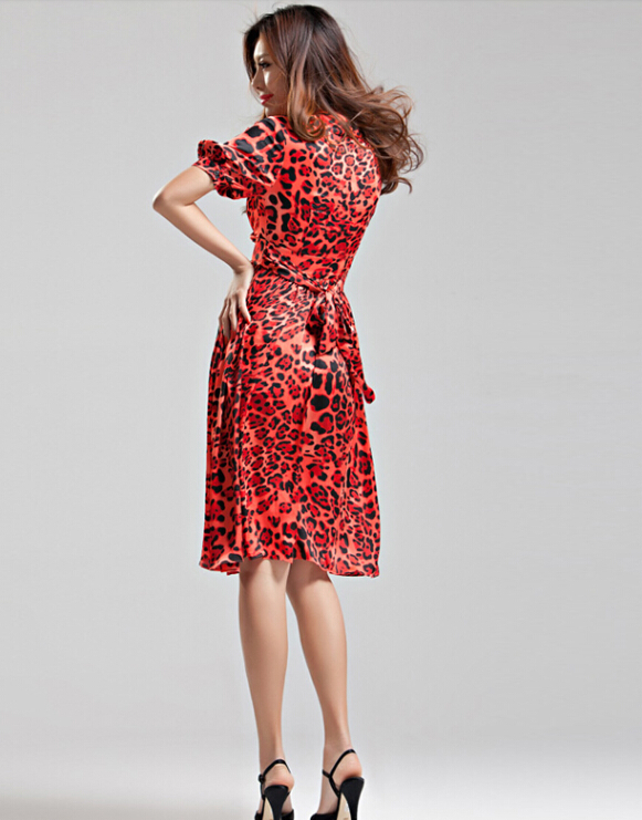 Sexy Dresses Summer Ladies Leopard Print Short Sleeved Chiffon Bowknot - Red