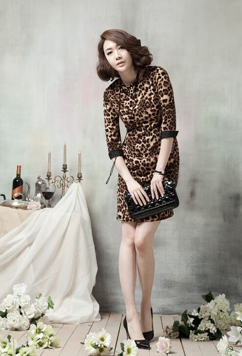 Simple Dresses Ladies Leopard Print Short Elegant Winter Three-Quarter Sleeve - Brown