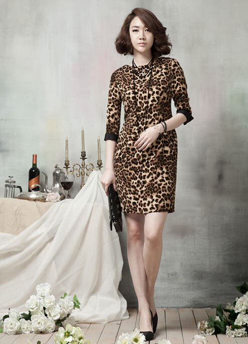 Simple Dresses Ladies Leopard Print Short Elegant Winter Three-Quarter Sleeve - Brown