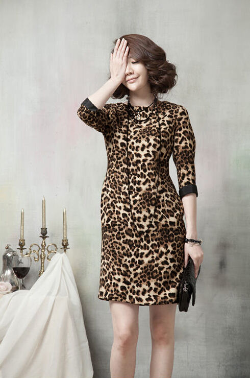 Simple Dresses Ladies Leopard Print Short Elegant Winter Three-Quarter Sleeve - Brown