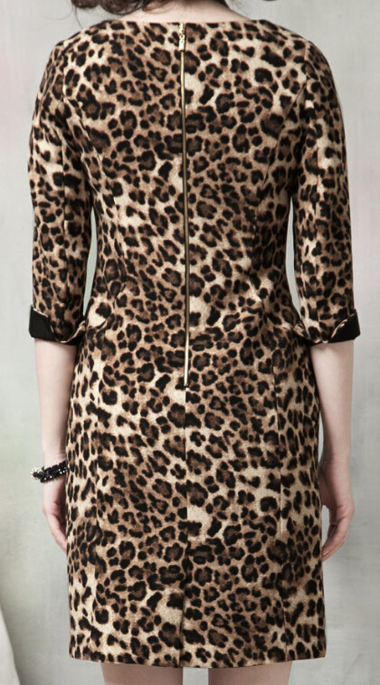Simple Dresses Ladies Leopard Print Short Elegant Winter Three-Quarter Sleeve - Brown