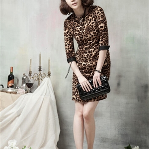 Simple Dresses Ladies Leopard Print Short Elegant Winter Three-Quarter Sleeve - Brown