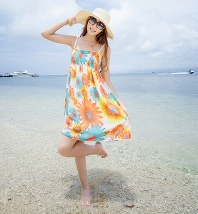 Sweet Dresses Summer Girls Affordable Floral Bohemian Coast Chiffon - Orange