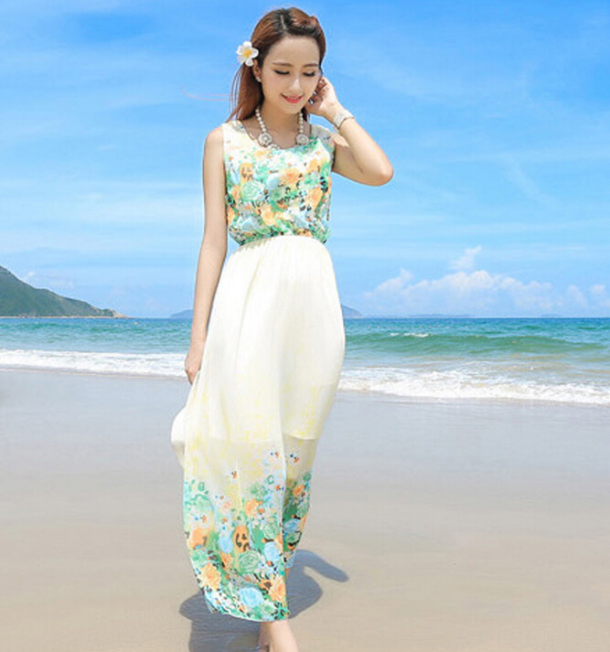 Sweet Dresses Summer Girls Affordable Flower Bohemian Coast Chiffon Long - Cyan White