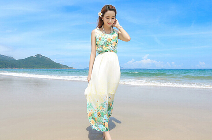 Sweet Dresses Summer Girls Affordable Flower Bohemian Coast Chiffon Long - Cyan White
