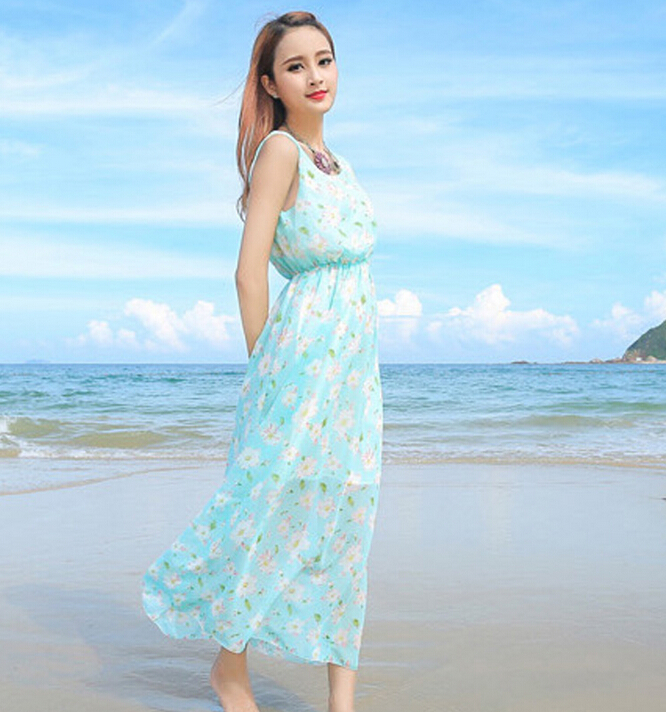 Sweet Dresses Summer Girls Affordable Flower Bohemian Coast Chiffon Long - Cyan