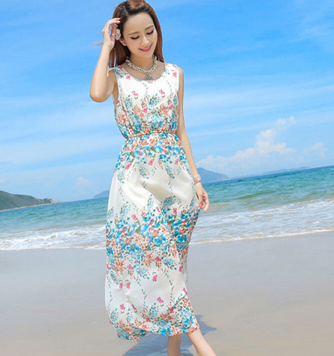 Sweet Dresses Summer Girls Affordable Flower Bohemian Coast Chiffon Long - White Blue