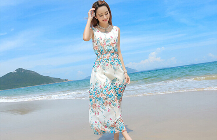 Sweet Dresses Summer Girls Affordable Flower Bohemian Coast Chiffon Long - White Blue