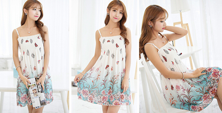 Sweet Dresses Summer Girls Affordable Printed Bohemian Coast Chiffon - Cyan