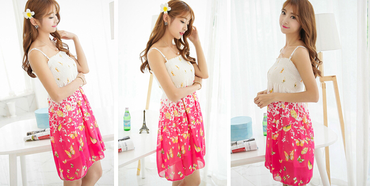 Sweet Dresses Summer Girls Affordable Printed Bohemian Coast Chiffon - Rose