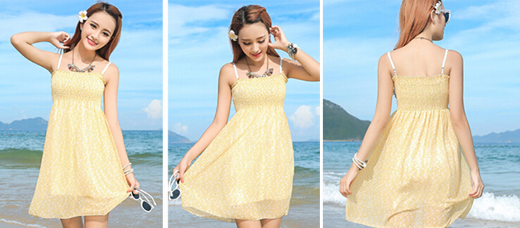 Sweet Dresses Summer Girls Affordable Printed Bohemian Coast Chiffon - Yellow