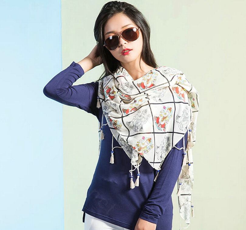 Beaded Plaid Scarf Scarves For Women Winter Warm Cotton Panties 180*100CM - White