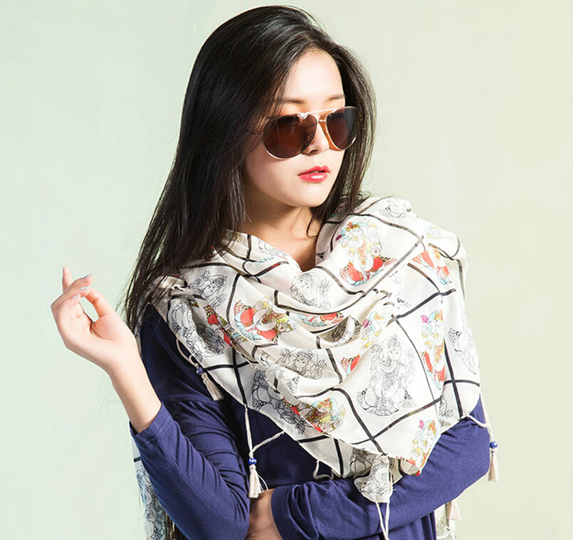 Beaded Plaid Scarf Scarves For Women Winter Warm Cotton Panties 180*100CM - White