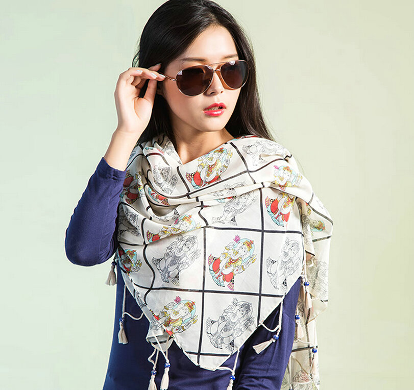 Beaded Plaid Scarf Scarves For Women Winter Warm Cotton Panties 180*100CM - White