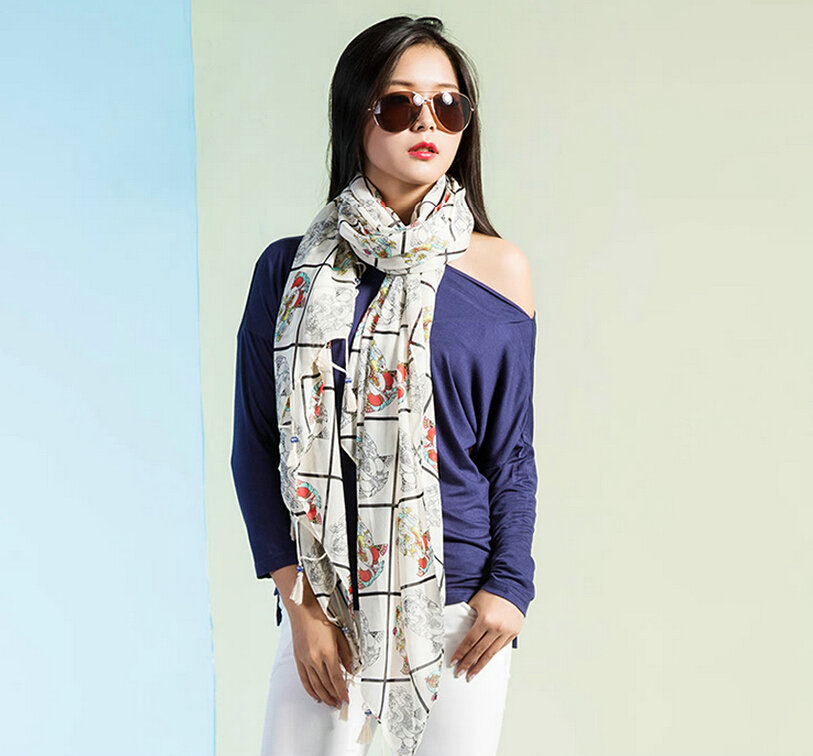 Beaded Plaid Scarf Scarves For Women Winter Warm Cotton Panties 180*100CM - White