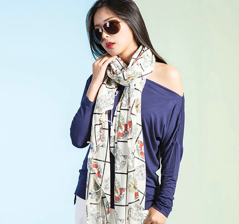 Beaded Plaid Scarf Scarves For Women Winter Warm Cotton Panties 180*100CM - White