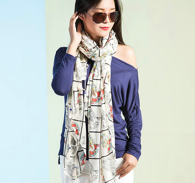 Beaded Plaid Scarf Scarves For Women Winter Warm Cotton Panties 180*100CM - White