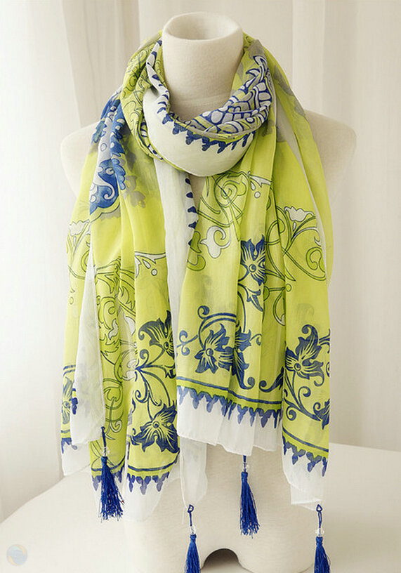 Beaded Printed Scarf Scarves For Women Winter Warm Cotton Panties 180*100CM - Green