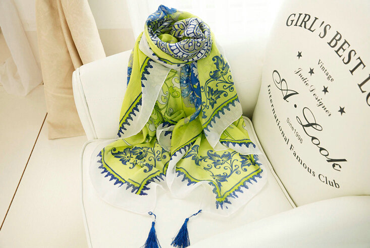 Beaded Printed Scarf Scarves For Women Winter Warm Cotton Panties 180*100CM - Green