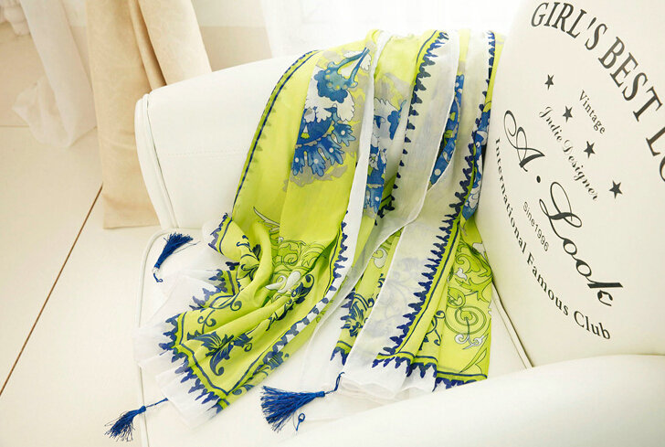 Beaded Printed Scarf Scarves For Women Winter Warm Cotton Panties 180*100CM - Green
