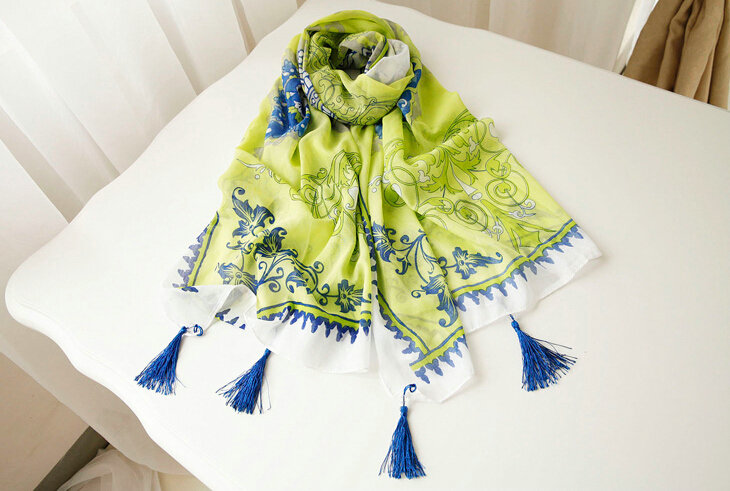 Beaded Printed Scarf Scarves For Women Winter Warm Cotton Panties 180*100CM - Green