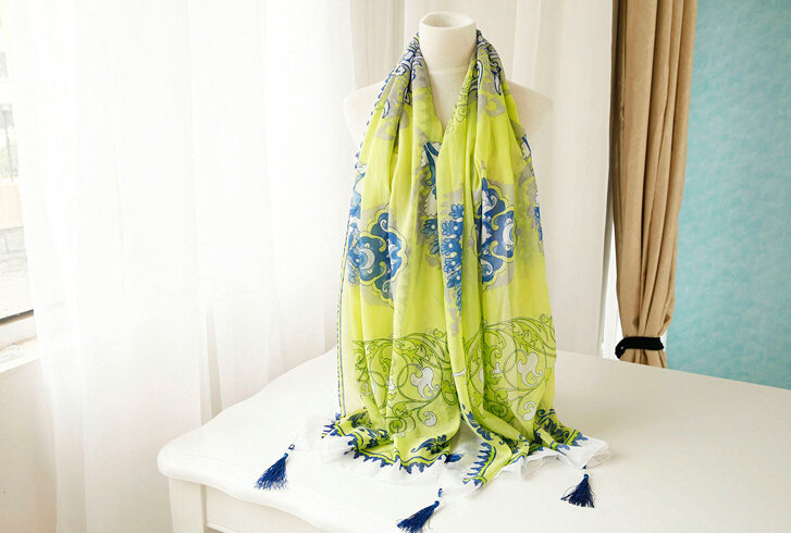 Beaded Printed Scarf Scarves For Women Winter Warm Cotton Panties 180*100CM - Green