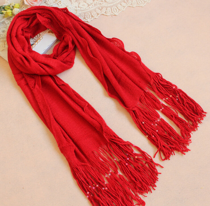 Cheapest Fringed Scarves Wraps Women Winter Warm Wool Solid 185*55CM - Red